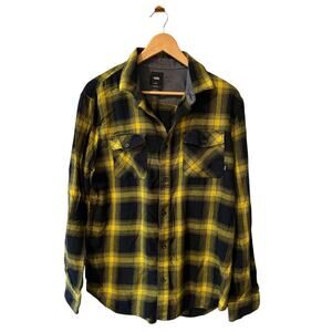 VANS Plaid Flannel Button Down Shirt Black Yellow M